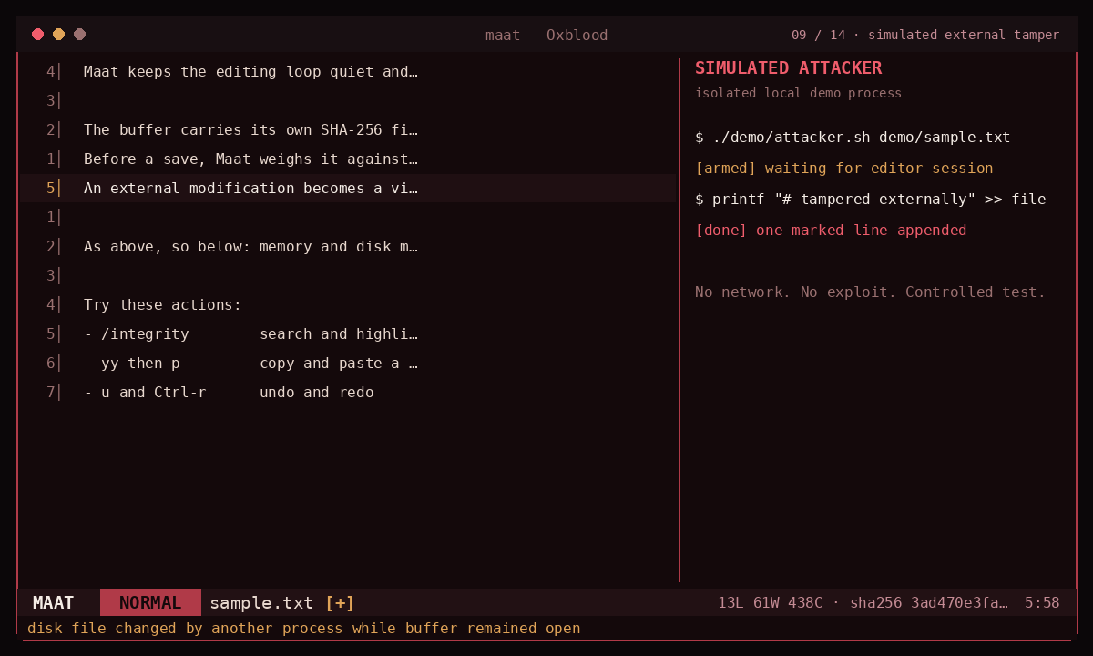 Maat terminal editor beside a simulated attacker, showing an external-change warning and a blocked save.